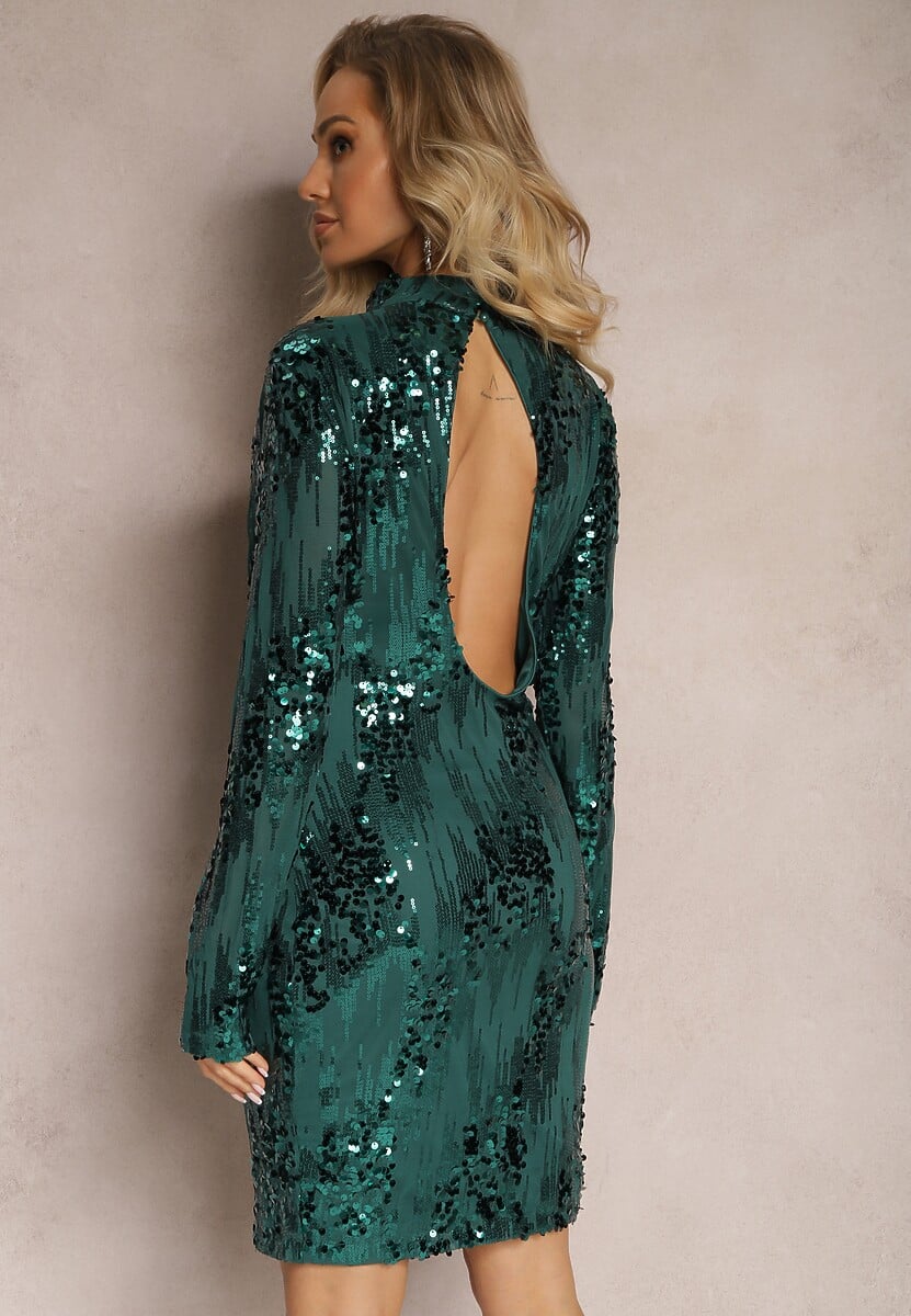 Zielona Dopasowana Sukienka Mini z Półgolfem w Cekiny Palmanova