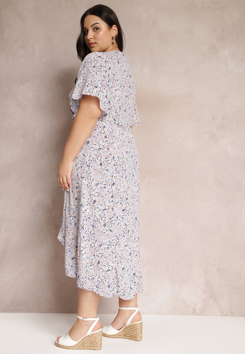 Jasnofioletowa Sukienka o Kopertowym Kroju Midi w Kwiatowy Wzór Kirpa