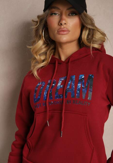 Bordowy Ocieplany Komplet Dresowy Bawełniany Spodnie Joggery i Bluza Zdobiona Nadrukiem Filoira