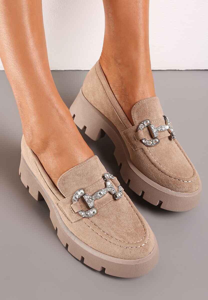 Ciemnobeżowe Mokasyny z Ozdobą w Cyrkonie na Grubej Podeszwie Zosima
