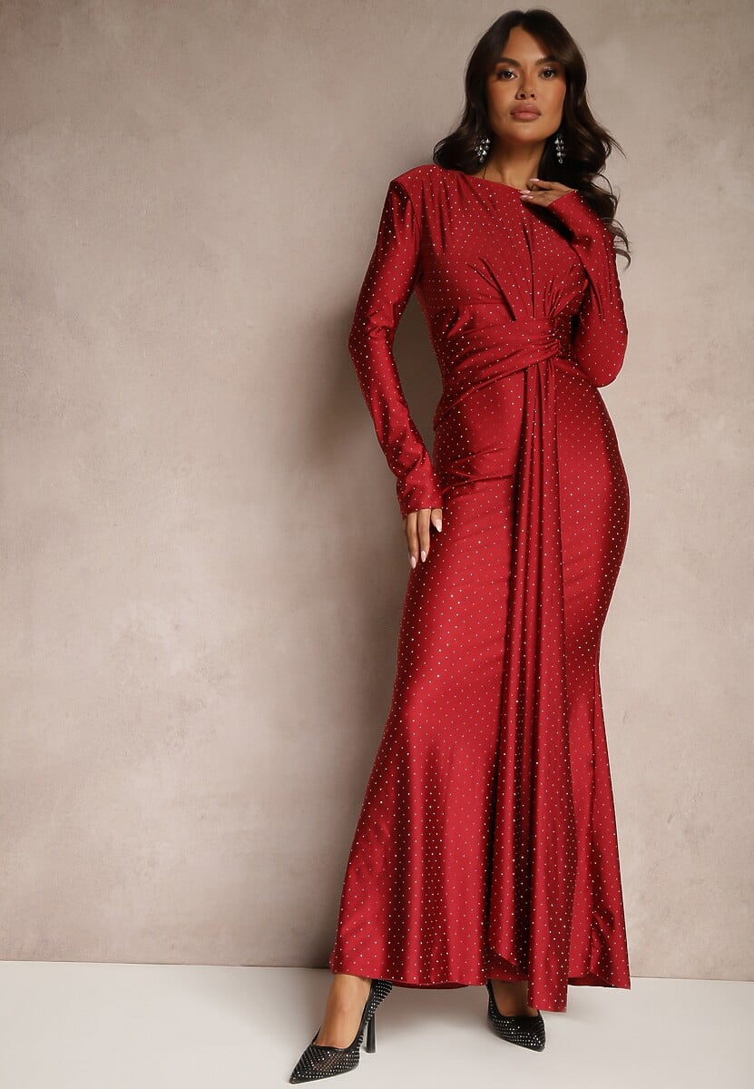 Czarna Dopasowana Sukienka Koktajlowa Marszczona w Pasie Zdobiona Cyrkoniami Rissanea