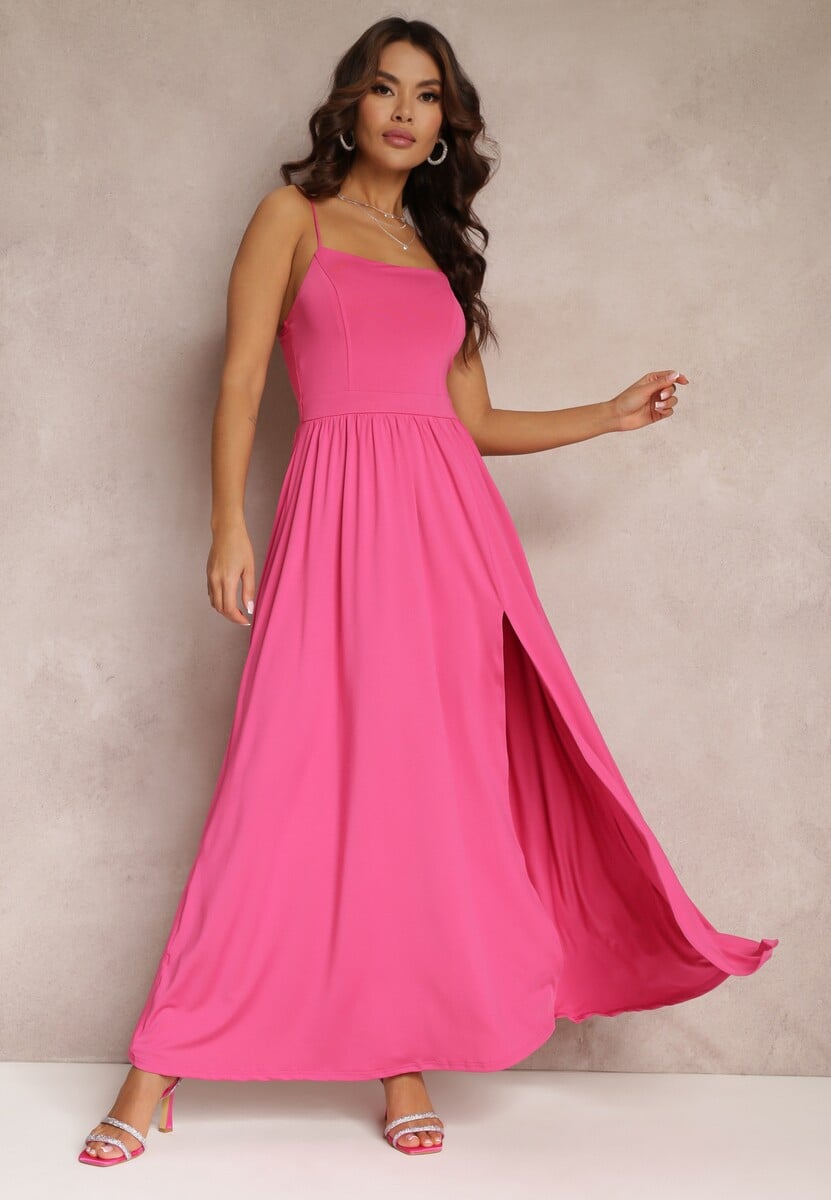 Czarna Rozkloszowana Sukienka Maxi na Cienkich Ramiączkach z Rozporkiem Weslyn