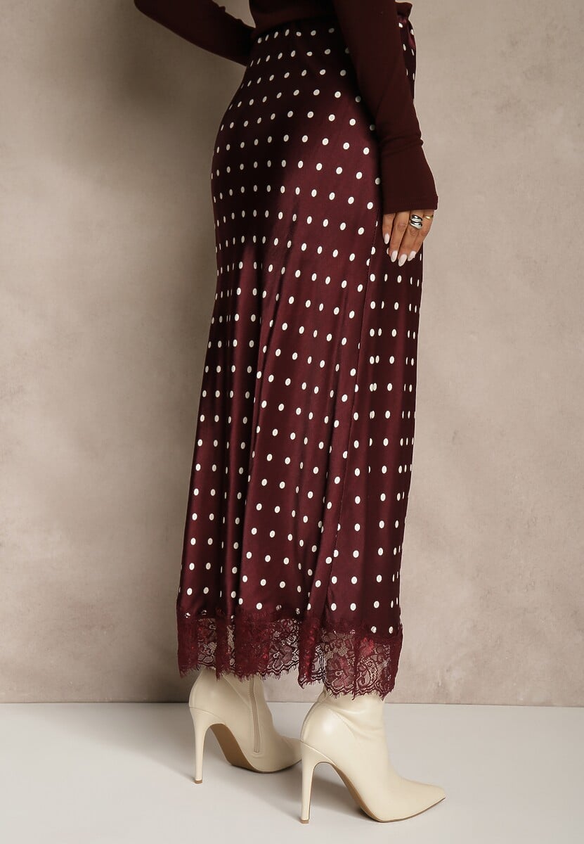 Bordowa Spódnica z Wiskozy High Waist Ozdobiona Kropkami i Koronką Monivia