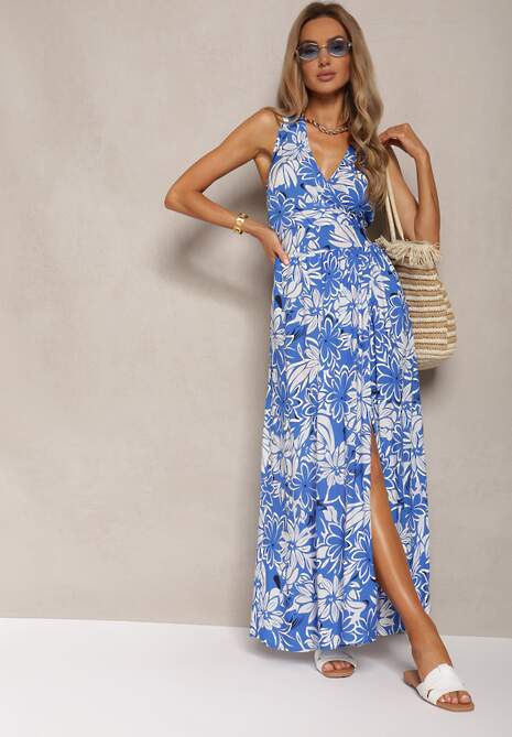 Niebieska Kopertowa Sukienka z Wiskozy z Wiązaniem i Gumką w Pasie Vikissima