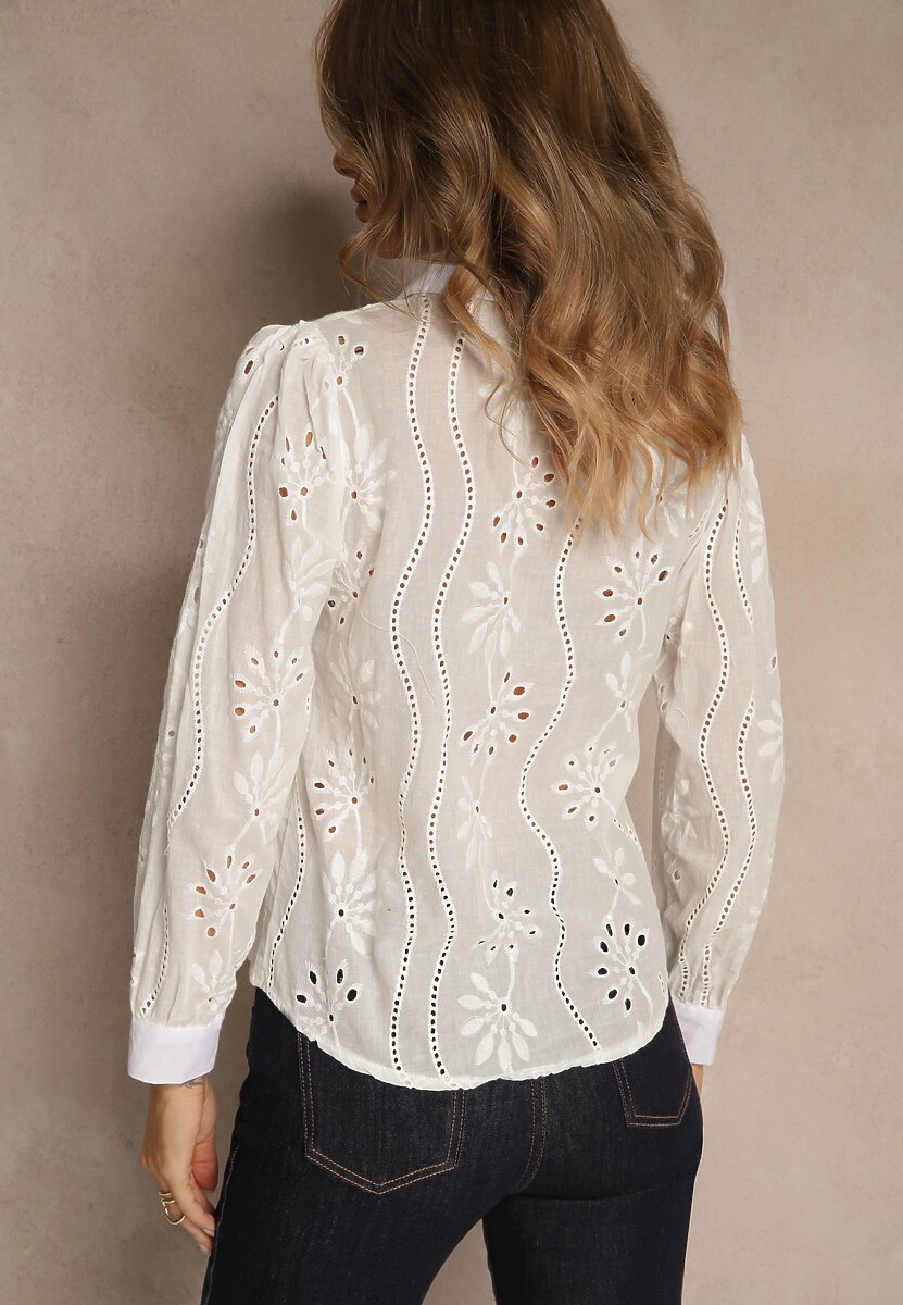 Biała Haftowana Koszula z Rękawem z Możliwością Regulowania Zapinana na Guziki Illviana