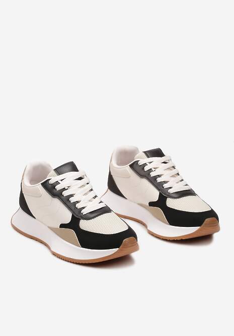 Czarno-Beżowe Sneakersy z Siateczkową Wstawką na Nosku Hlimeltia