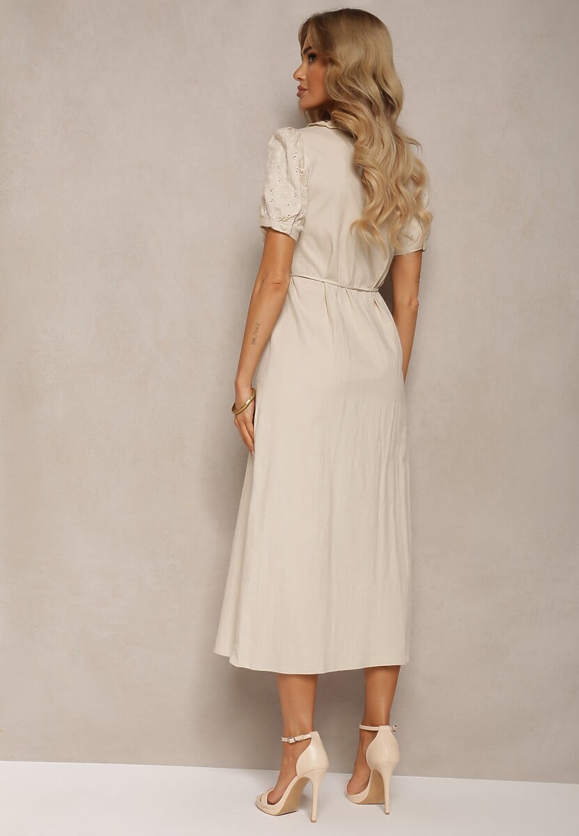 Jasnobeżowa Bawełniana Sukienka z Paskiem Ozdobiona Koronką Virona