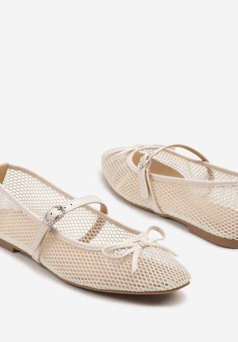 Beżowe Siateczkowe Balerinki Vices z Paskiem z Klamrą i Ozdobną Kokardką Niladiela