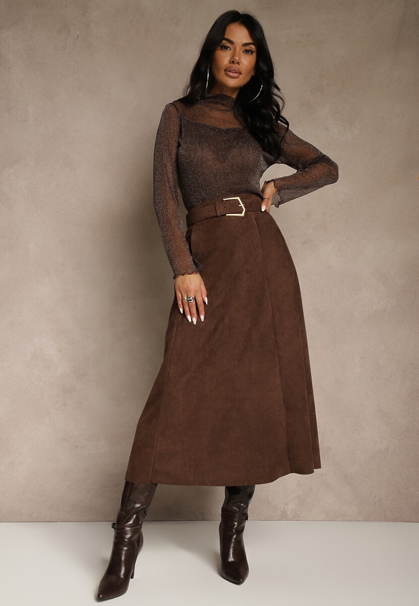 Brązowa Spódnica z Wiskozy z Bawełną z Imitacji Zamszu z Paskiem Oliweda