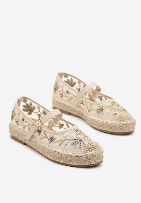 Beżowe Espadryle z Siateczki na Plecionej Podeszwie Zdobione Haftem Evelritia
