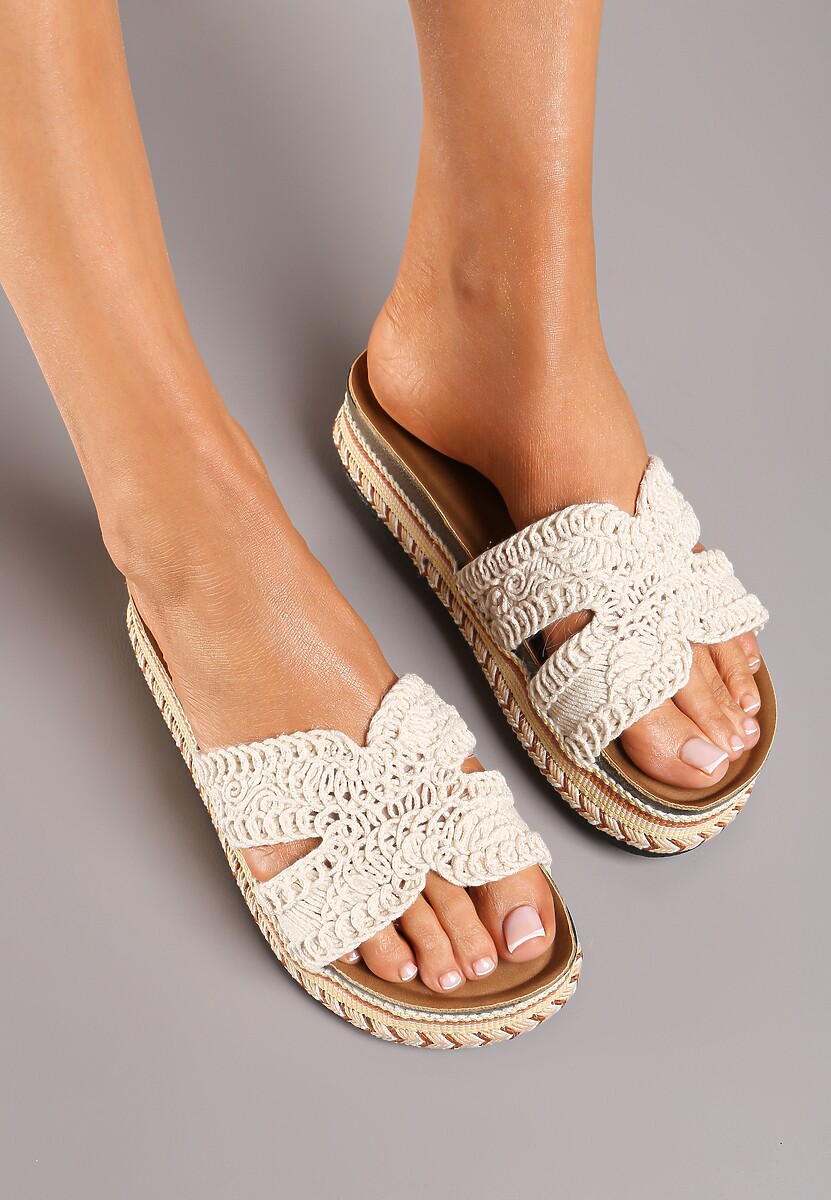 Beżowe Klapki z Imitacji Skóry na Grubej Podeszwie z Plecionką Viloella