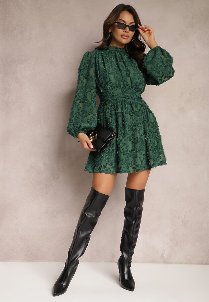 Zielona Koronkowa Sukienka Mini z Gumką w Pasie Netta