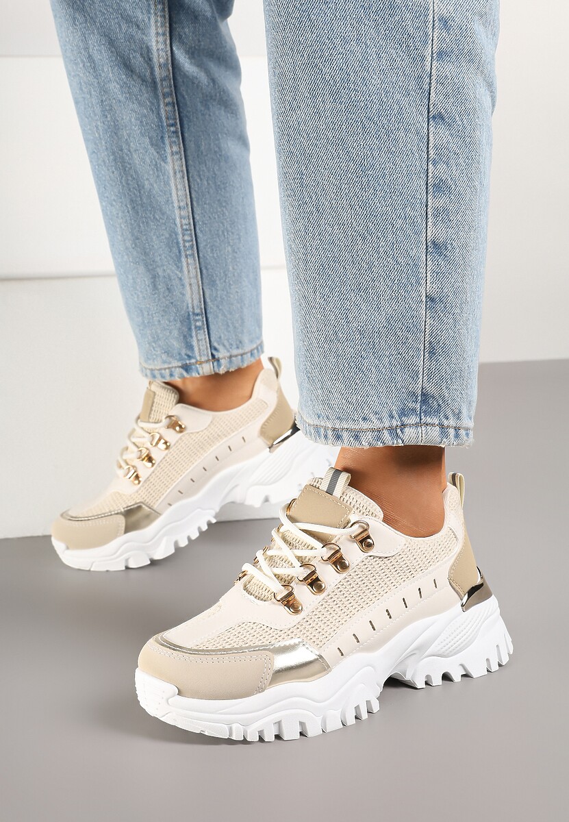 Beżowe Sneakersy w Steetwearowym Stylu na Tłoczonej Platformie Gonavielle