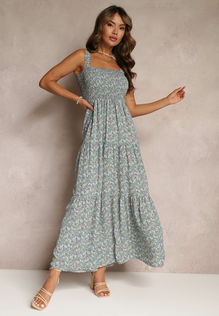 Jasnobeżowa Rozkloszowana Sukienka w Kwiaty na Ramiączkach Malaisia