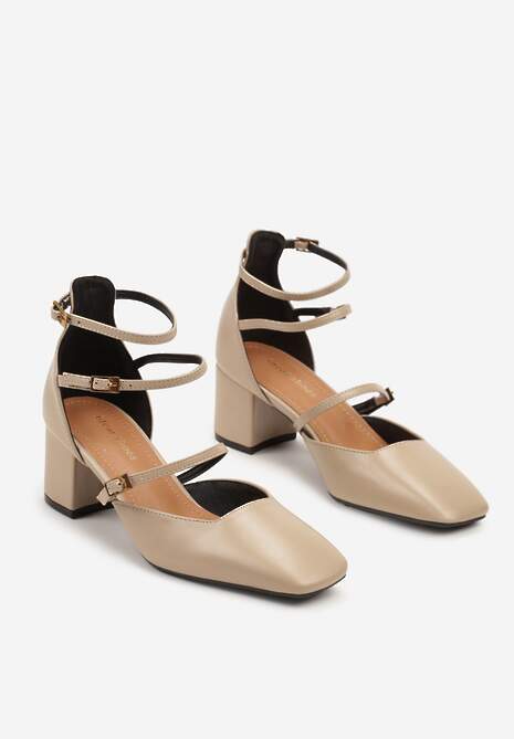 Beżowe Czółenka na Słupku Wykończone Paskami ze Sprzączkami i Kwadratowym Noskiem Naviana