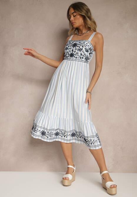 Niebieska Bawełniana Sukienka z Ozdobnym Haftem Redemae