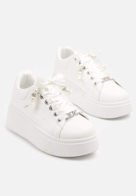 Białe Sneakersy na Platformie Ozdobione Cyrkoniami i Perforacją Nurilita
