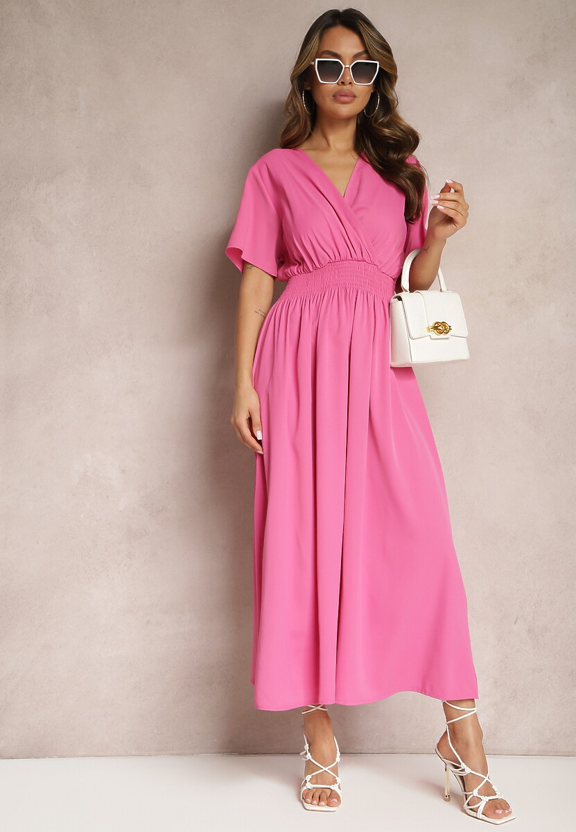 Różowa Rozkloszowana Sukienka Długa o Kopertowym Kroju Alarava