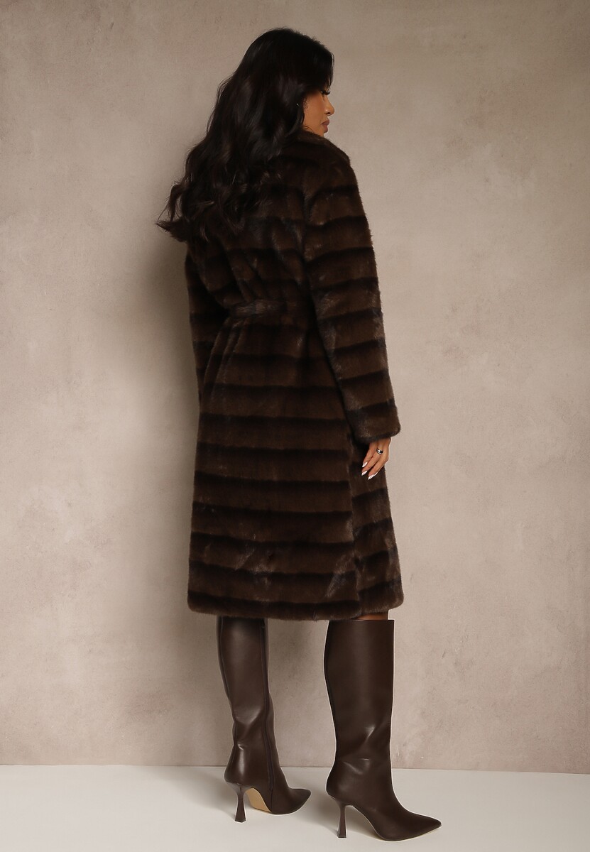 Brązowy Płaszcz Futerko z Dodatkowym Wiązanym Paskiem Alinella