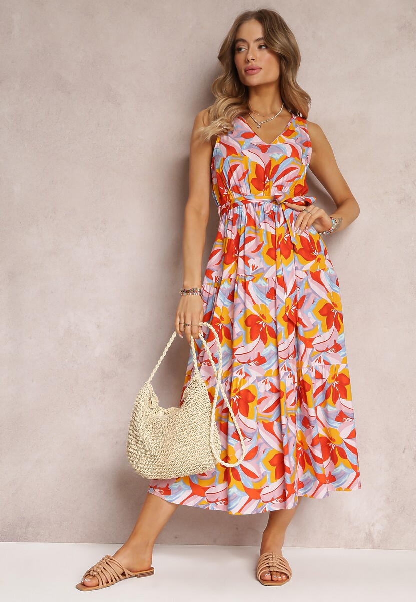Pomarańczowo-Różowa Rozkloszowana Sukienka Midi z Gumką i Wiązaniem w Pasie z Wiskozy Overblossom