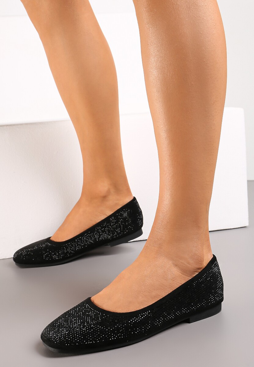 Czarne Płaskie Balerinki w Cyrkonie Tollitra
