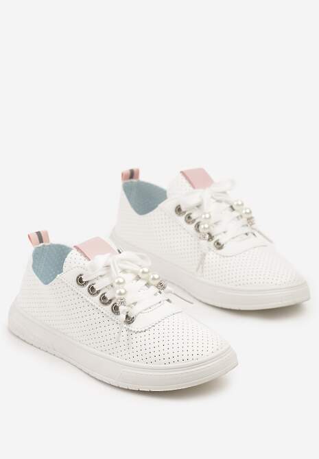 Biało-Różowe Tenisówki Zdobione Perforacją i Aplikacjami z Cyrkonii i Pereł Pasurelia