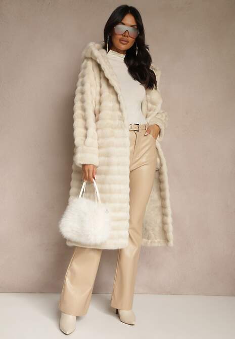 Beżowy Płaszcz Futerko z Ozdobnymi Przeszyciami i Kapturem Esetia