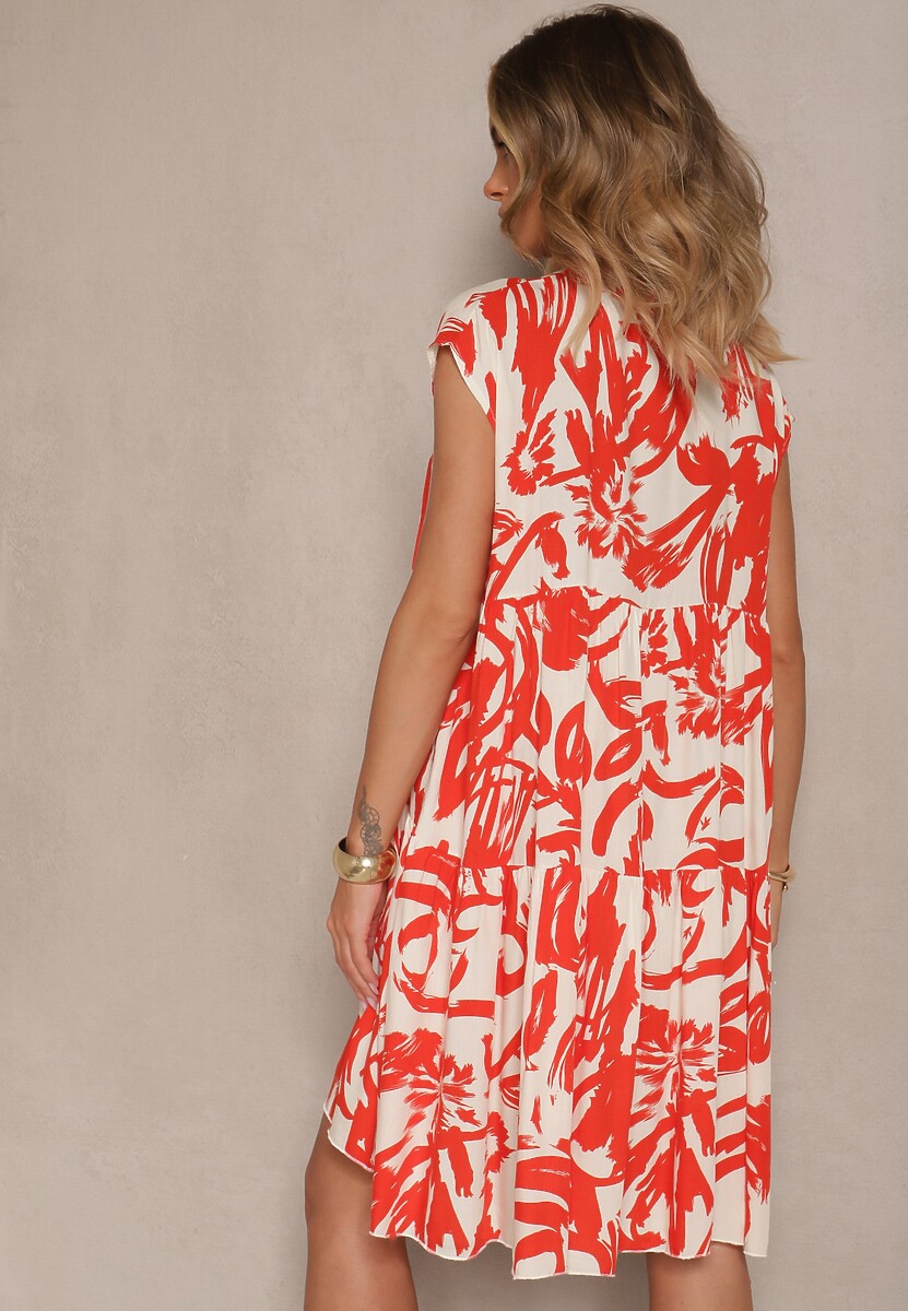 Pomarańczowa Sukienka z Bawełny Ozdobiona Abstrakcyjnym Motywem Lisovia