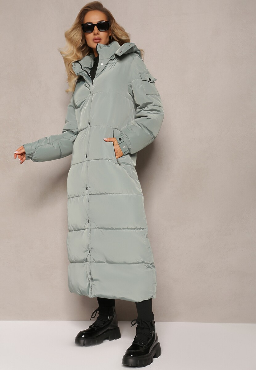 Miętowa Długa Kurtka Płaszcz z Pikowaniem i Odpinanym Kapturem Mystaris