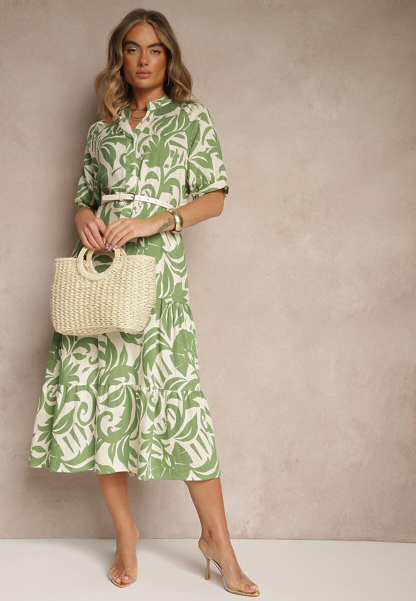 Zielona Rozkloszowana Sukienka z Wiskozy Ozdobiona Falbaną Filesenia