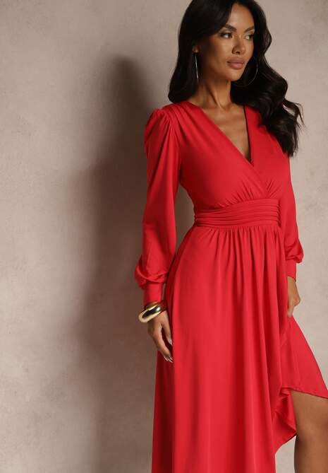 Czerwona Sukienka z Wiskozą o Rozkloszowanym Kroju z Kopertową Górą Seliane