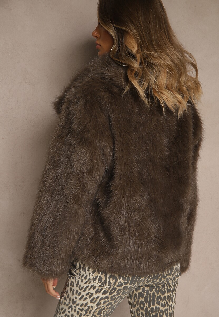 Brązowa Kurtka Futro z Długim Włosiem Zelita