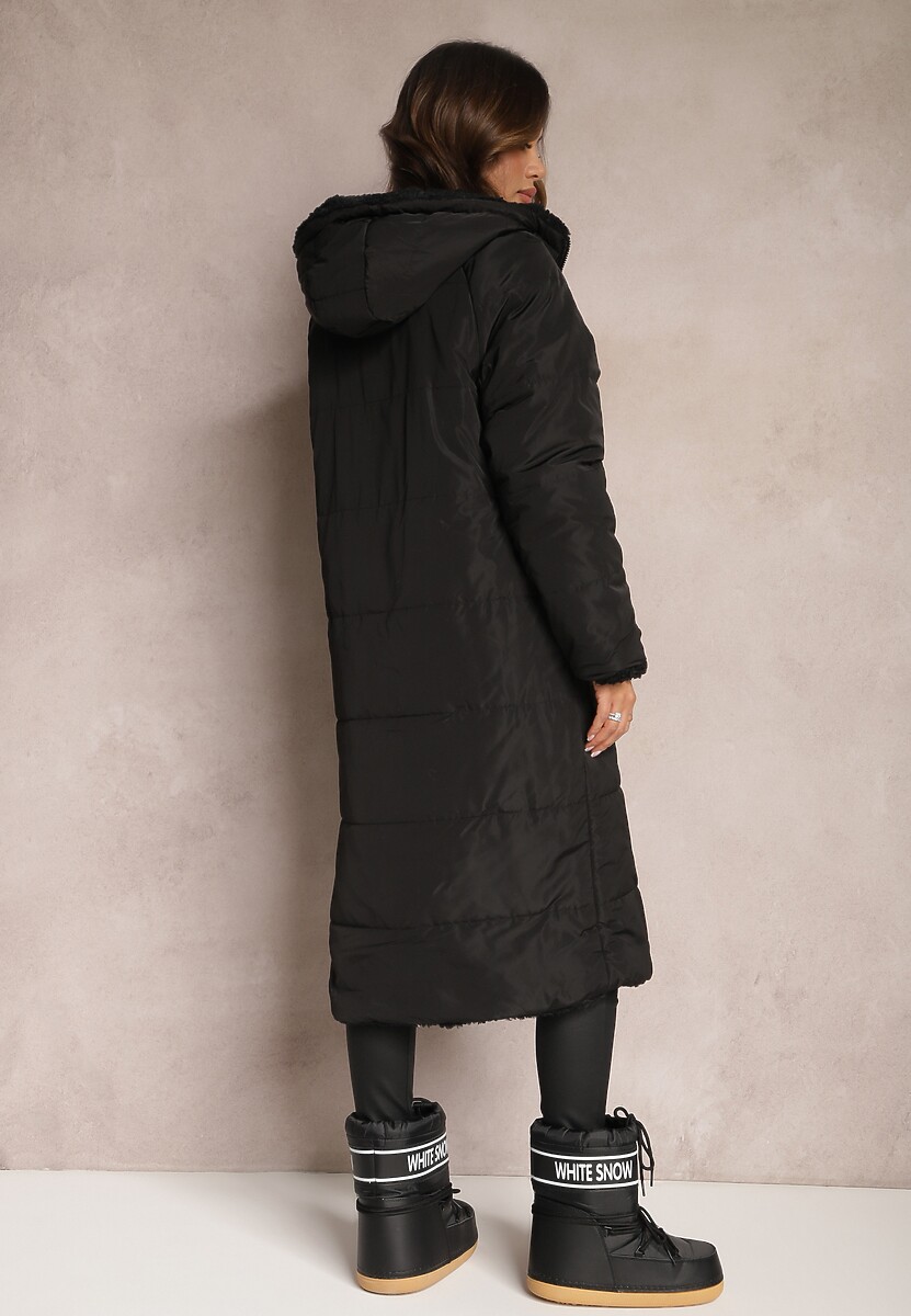 Czarna Ocieplana Kurtka Płaszcz Dwustronna z Kapturem Arisce