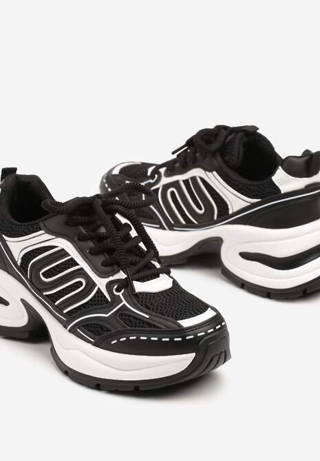 Czarne Sneakersy na Platformie z Tłoczeniem z Geometrycznym Motywem Delothiel