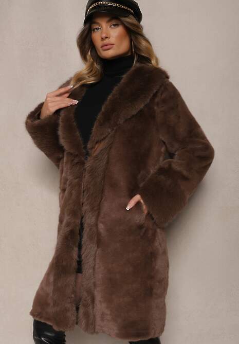 Brązowa Kurtka Futro o Długim Kroju z Wiskozą Ninnarlia