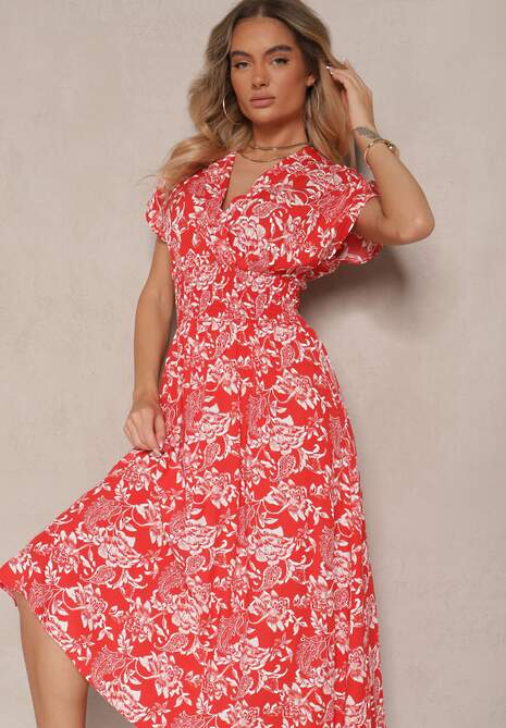 Czerwona Sukienka z Bawełną i Kopertowym Dekoltem w Kwiaty Ldivisa