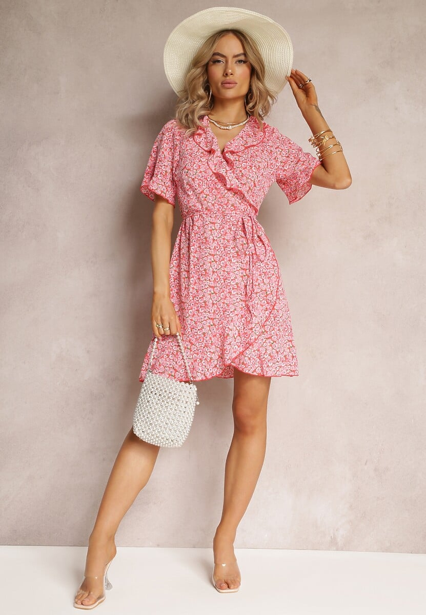 Czerwona Sukienka Kopertowa z Falbankami Aovene