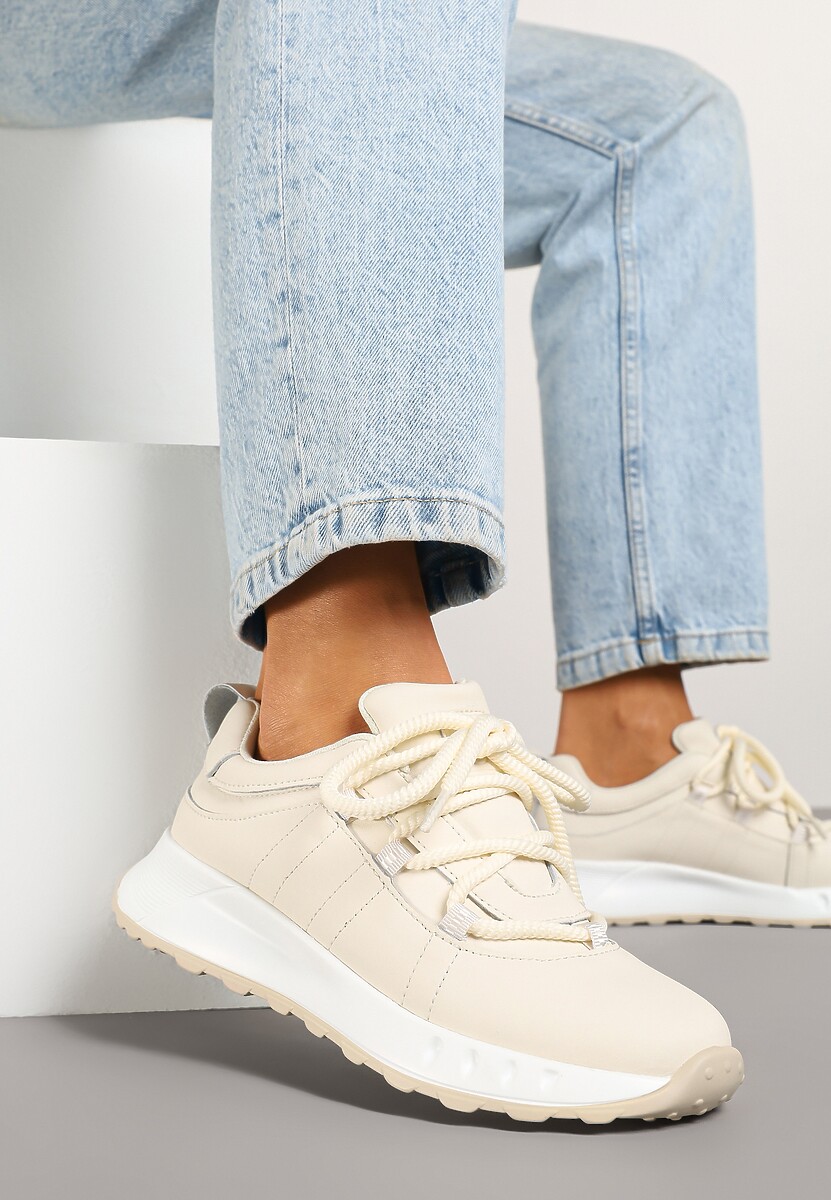 Beżowe Sneakersy ze Skóry Naturalnej z Grubymi Sznurówkami Daneliss