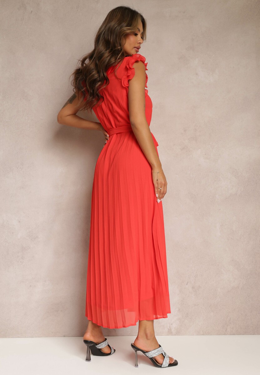 Czerwona Plisowana Sukienka z Wiązanym Paskiem i Falbankami Camita