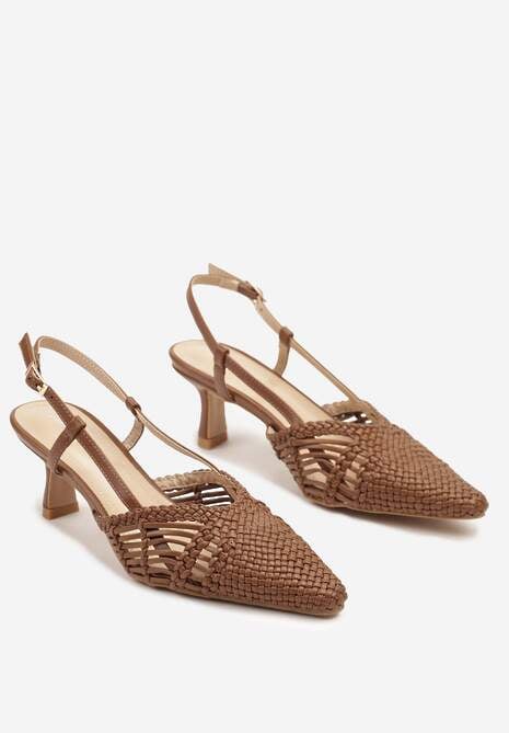 Brązowe Plecione Sandały na Obcasie Kaczuszka Slingback Felorna
