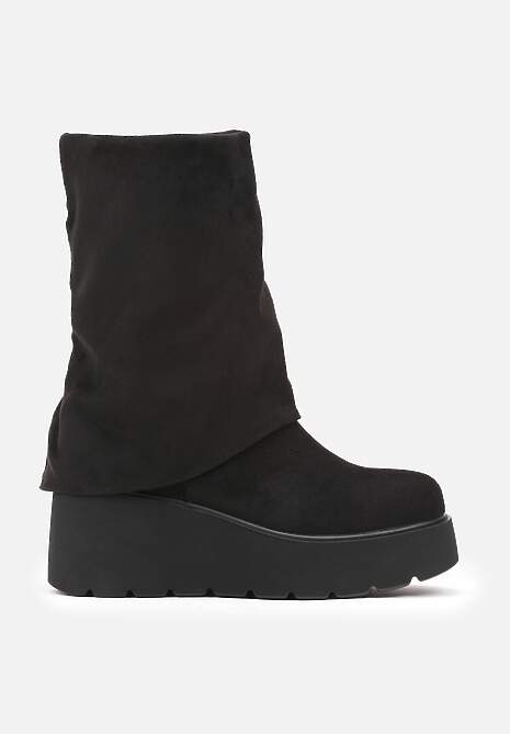 Czarne Botki na Koturnie z Ociepleniem Ozdobione Wywiniętą Cholewką Vamisia