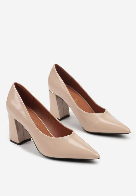 Beżowe Czółenka Lakierowane Vices na Słupku z Wkładką ze Skóry Naturalnej Modvire