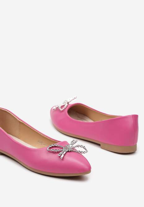 Różowe Balerinki na Płaskiej Podeszwie ze Skórzaną Wkładką Ozdobione Kokardką z Cyrkonii Tiavana