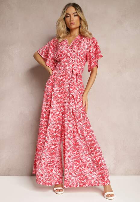 Czerwono-Różowy Kombinezon z Falbankami i Trójkątnym Dekoltem z Suwakiem z Tyłu Zintella