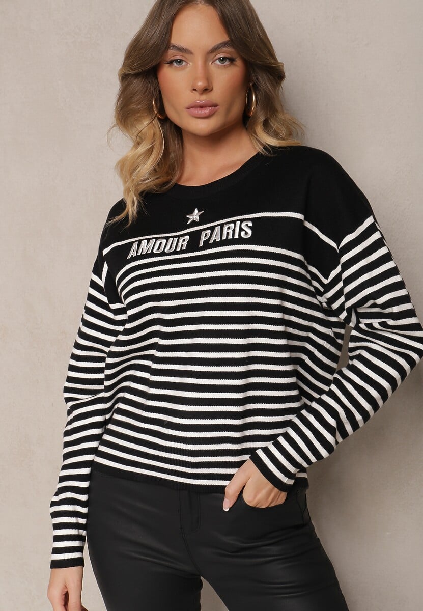 Czarny Sweter z Bawełną Ozdobiony Haftowanym Napisem i Paskami Zeanika