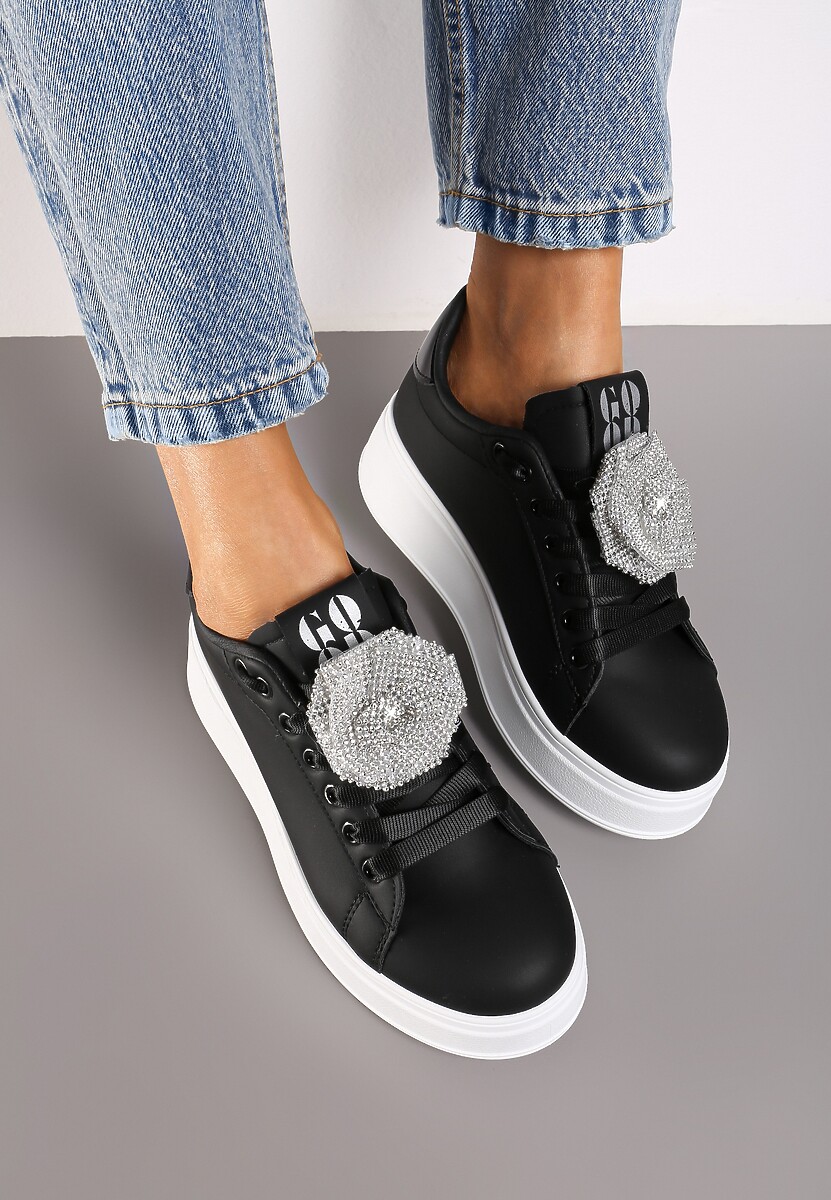 Czarno-Srebrne Sneakersy na Platformie z Aplikacją Kwiatu 3D z Cyrkoniami Navilda