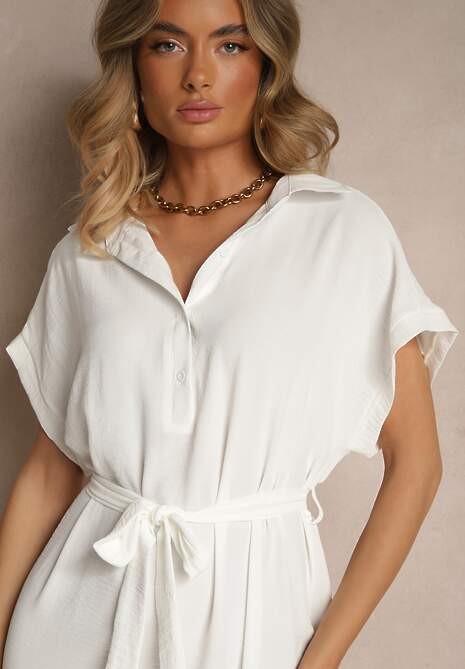 Biała Pudełkowa Sukienka z Bawełną i Paskiem Savorienne