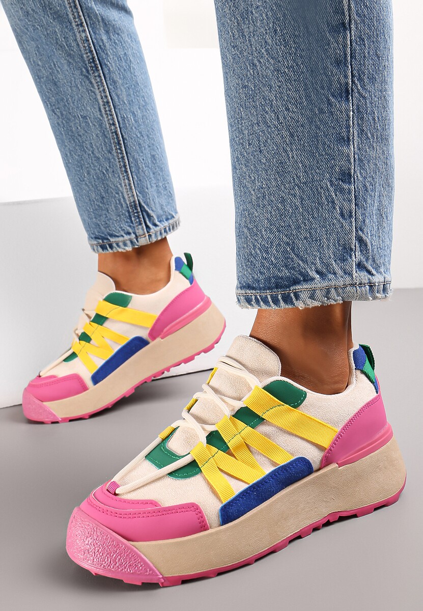Fuksjowe Sznurowane Płaskie Sneakersy z Kolorowymi Wstawkami z Ekoskóry Wonise