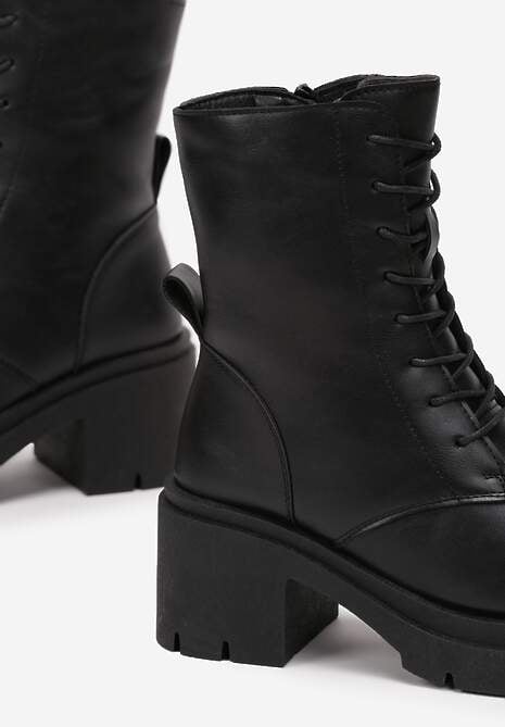 Czarne Sznurowane Botki z Imitacji Skóry na Podeszwie z Platformą i Żłobieniami Zaran