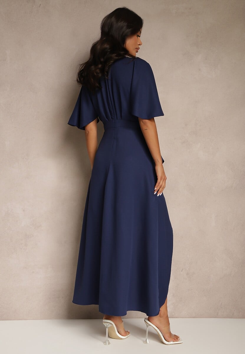 Granatowa Asymetryczna Sukienka Koktajlowa Vices Ozdobiona Falbanką Nelioraia